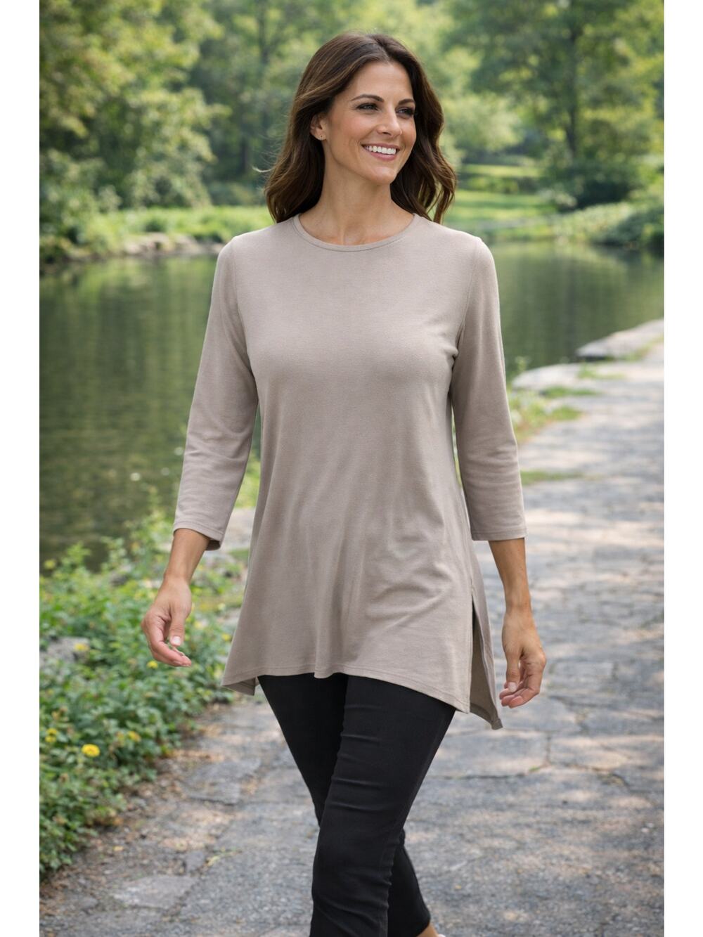 J Jill Wearever Tunic XS Taupe High Low 3/4 Sleeve